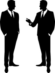 Silhouettes of men in business suits having a conversation. Black and white vector illustration with transparent background