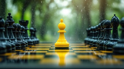 A single yellow pawn amidst a rain-soaked chessboard