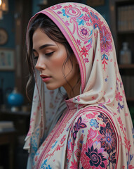  A woman wearing a bright, patterned shawl, adding a splash of color to her outfit.