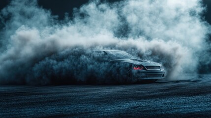 A sleek gray car in smoky drift