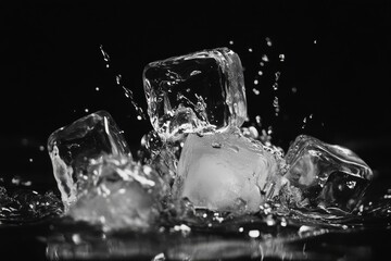 "Dynamic Splashing Ice Cubes in Black and White"