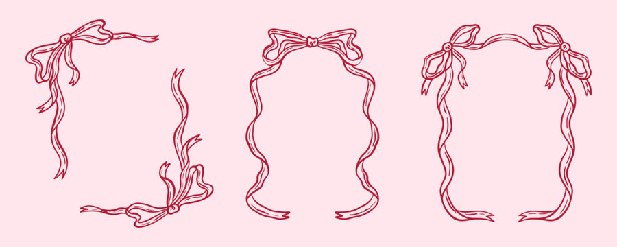 Ribbon bow coquette frame hand drawn doodle collection vector illustration. Invitation, poster, menu decoration ornament set.