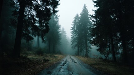 Fototapeta premium Eerie Foggy Forest Road Mysterious Pine Tree Path
