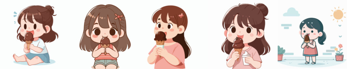 vector of a litte girl eating chocolate ice cream