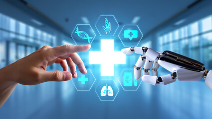 Connecting Human and Machine: The Future of Healthcare Innovation Human and robot hands touching medical interface