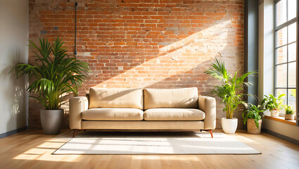 A modern industrial living room interior features a minimalist beige sofa, Modern Living Room Interior with Neutral Sofa