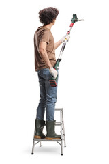Gardener on a ladder using a fence trimmer