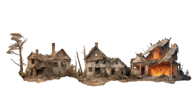 A row of dilapidated houses with one engulfed in flames against a  transparent background after a disaster