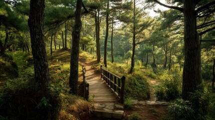 Obraz premium Serene Pine Forest Path Leading to Wooden Bridge