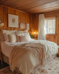 A cozy bedroom with warm wood paneling, soft pastel walls, and plush, inviting bedding