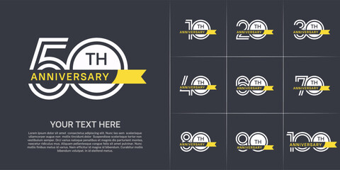 Anniversary logo type set with double line number. white color with small yellow ribbon for celebration event