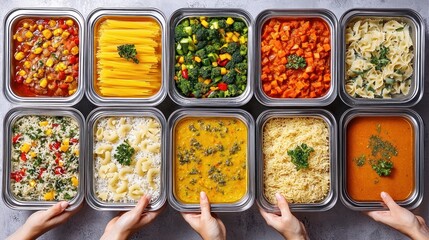 Assorted prepared foods in metal trays. Hands selecting from the trays