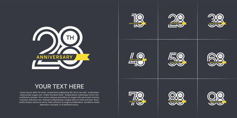 Anniversary logo type set with double line number. white color with small yellow ribbon for celebration event