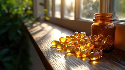Amber capsules on windowsill, sunlight