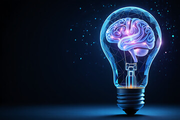 Illuminate Your Mind: A Futuristic Concept of Brain Power in a Light Bulb Brain inside lightbulb on a dark blue background creative idea technology science background