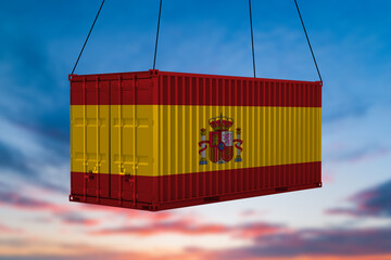 Cargo container with flag of Spain lifted by crane at freight terminal - 3D illustration