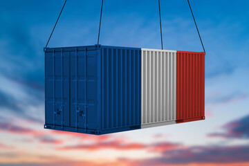 Cargo container with flag of France lifted by crane at freight terminal - 3D illustration