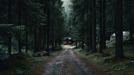 Fototapeta premium Secluded Cabin in a Dark Pine Forest A Mysterious Path