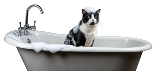 A funny black and white cat tolerating a bath in a tub