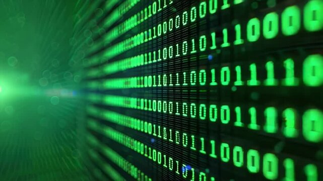Abstract digital binary code stream in green, futuristic technology background