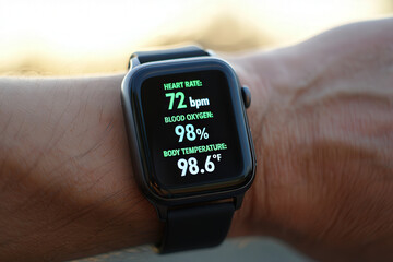 Close up of a smart watch displaying heart rate blood oxygen and body temperature on a wrist outdoors