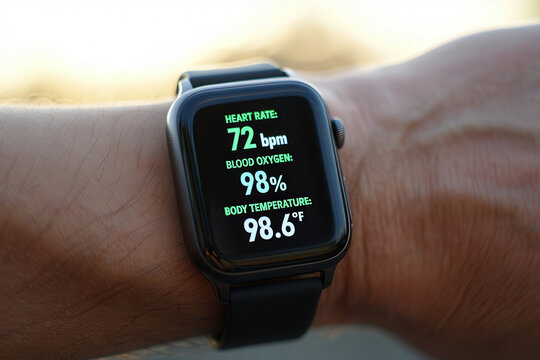 Close up of a smart watch displaying heart rate blood oxygen and body temperature on a wrist outdoors
