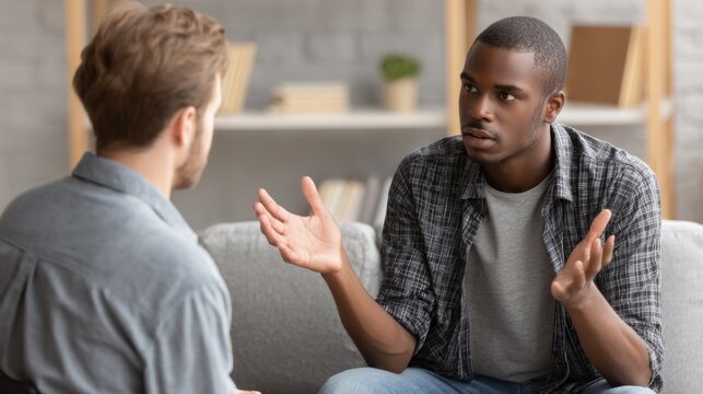 Young black man discusses feelings with psychologist in a calm office setting during a therapy session, focusing on mental health and communication