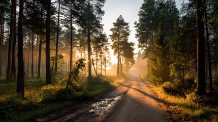 Fototapeta premium Sunrise Road Through Misty Pine Forest