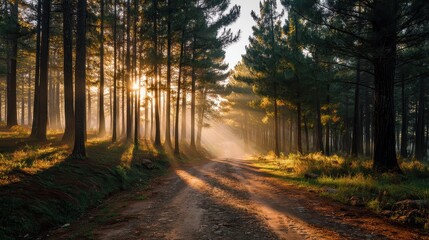 Fototapeta premium Sunrise Road Through Misty Pine Forest