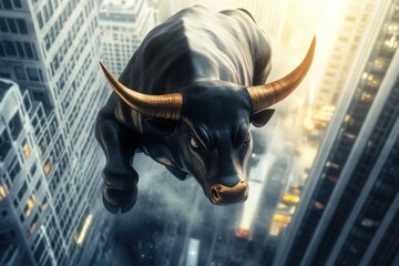 Bulls and Markets: The Iconic Charging Bull Over a Cityscape