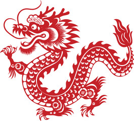 Fototapeta premium Red Chinese Dragon – Traditional Vector Illustration with Floral Elements