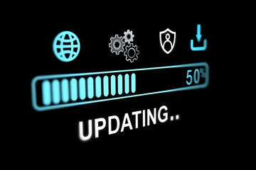 System Update in Progress. Updating progress bar with icons on a black screen