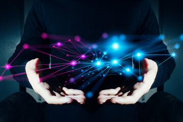 businessman work from home use device technology to control hologram floating, success in financial...