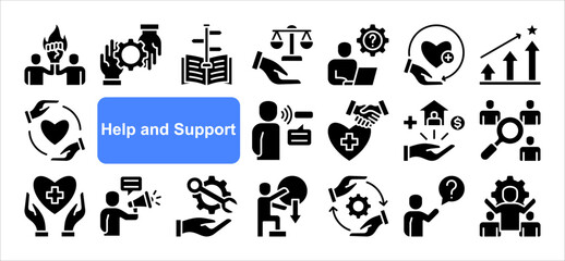 Help and support icon collection set. Containing assistance, service, aid, desk, guidance, relief, backing icon. Simple flat vector.