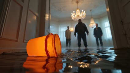 Water-filled elegant interior with bright orange bucket in front, silhouetted people beneath sparkling chandeliers, creating a dramatic flood scene.