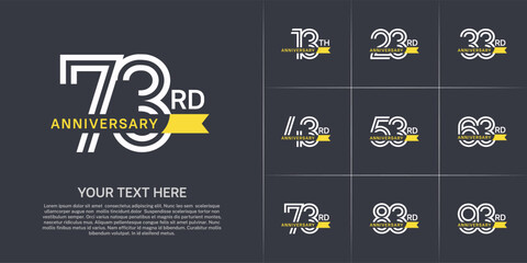 Anniversary logo type set with double line number. white color with small yellow ribbon for celebration event