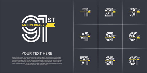 Anniversary logo type set with double line number. white color with small yellow ribbon for celebration event