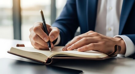 Close-up view of a man writing in a notebook with a pen. The scene is illuminated by daylight from a window, desk with business attire.