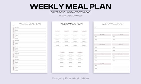 Weekly Meal Plan Template – A4 Printable Planner | 3 Layouts for Meal Prep, Nutrition Tracking & Grocery Planning - Powered by Adobe