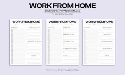 Work From Home Planner – A4 Printable Productivity Tracker | 3 Versions for Daily Tasks, Goals & Remote Work Schedule