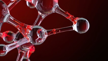 Transparent molecular model containing vibrant red liquid with glowing highlights, symbolizing science and technology.