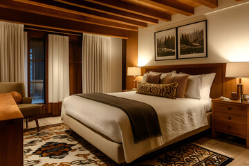 A cozy modern bedroom with plush linens, wooden accents, and a comfortable, relaxed atmosphere