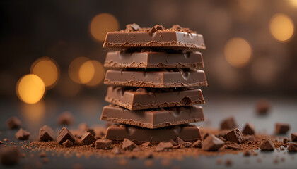 Stack of milk chocolate pieces with cocoa powder