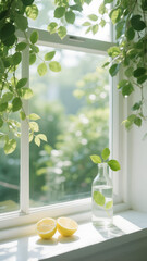 Lemons and greenery on sunny windowsill