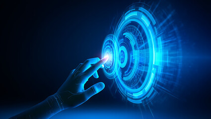 Hand touching glowing futuristic interface display