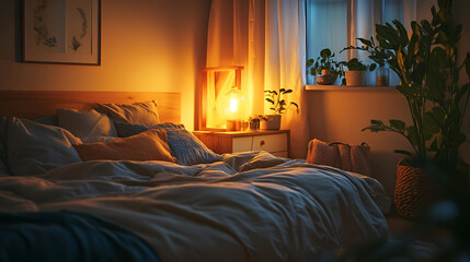 A cozy modern bedroom with soft, plush bedding, dim lighting, and natural wood elements