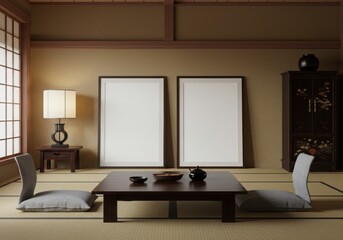 Traditional Japanese Interior with Two Blank Vertical Frame Mockups