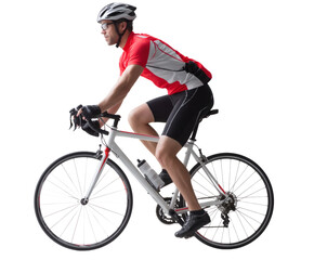 A cyclist in action, pedaling hard on a road bike during an outdoor ride.