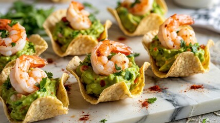 Shrimp with guacamole in tortilla cups. Each cup contains creamy guacamole, and topped with fried shrimp with seasoning, sprinkled with ground chili pepper and paprika. A dish garnished with cilantro.