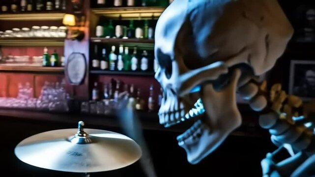 Skeleton drummer rocks out at a spooky bar, playing the drums energetically
